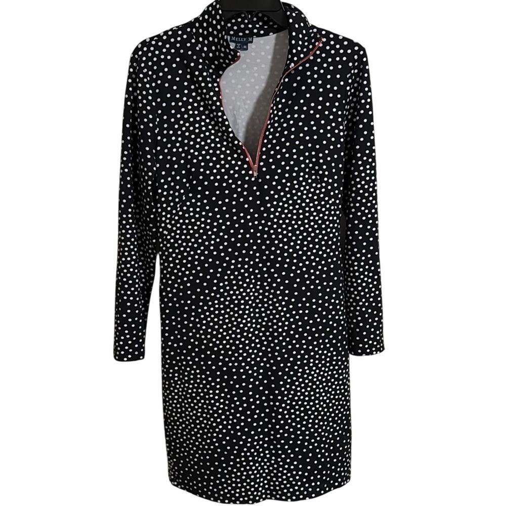 Melly M Womens Black White Polka Dot Long Sleeve Quarter Zip Shift Dress M USA